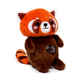 Kawaii red panda gel bead belly squeeze plush toy — an orange and dark brown red panda soft toy with white facial markings, striped tail, and a dark gel bead window on the belly