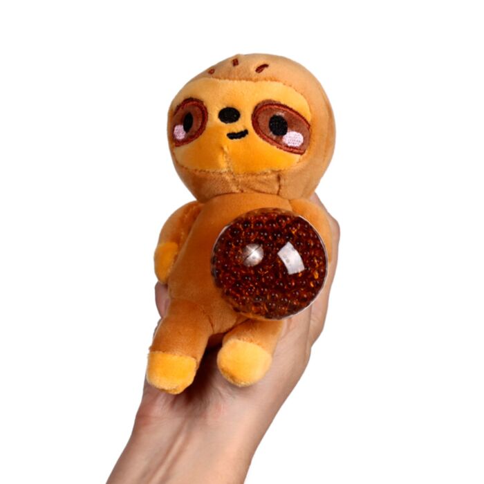 Kawaii sloth gel bead belly squeeze plush toy being held in a hand with the dark brown gel bead belly pushed out through the transparent window