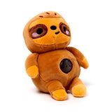 Kawaii sloth gel bead belly squeeze plush toy — a tan and brown sloth soft toy with large embroidered eyes, pink blush cheeks, and a dark gel bead window on the belly