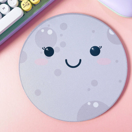 Close-up kawaii moon face mouse pad, grey, cute desk accessory
