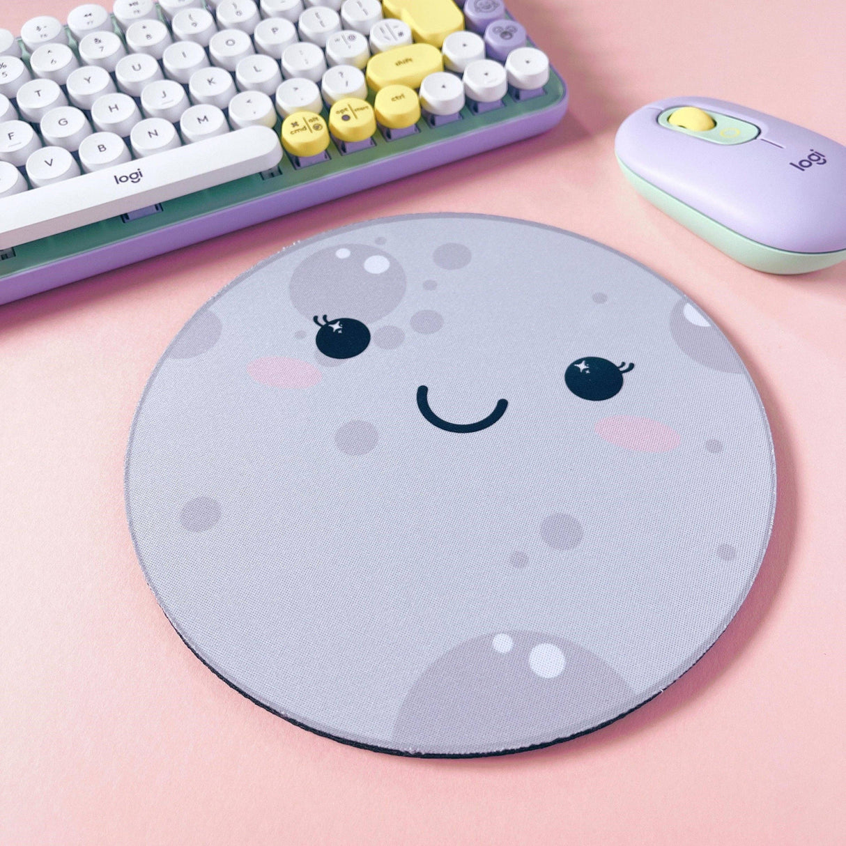 Round kawaii moon face mouse pad full view, grey, cute desk setup accessory