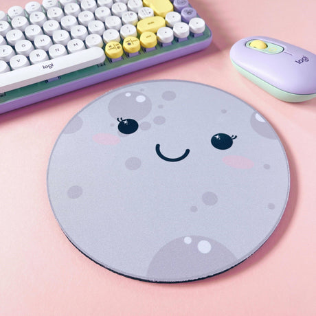 Round kawaii moon face mouse pad full view, grey, cute desk setup accessory
