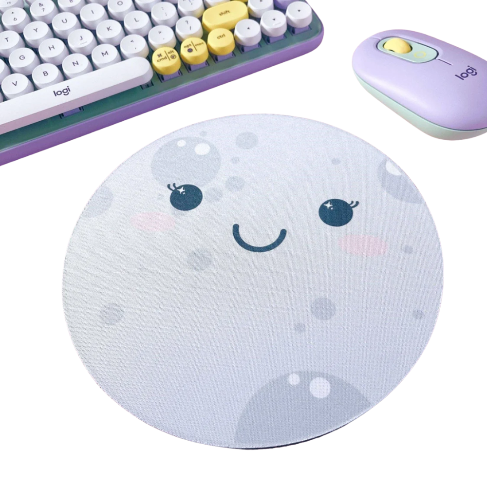Round kawaii moon face mouse pad, grey and white, cute desk accessory