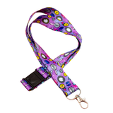 Purple kawaii lanyard with crystal and sparkle print, safety breakaway buckle and silver lobster clasp