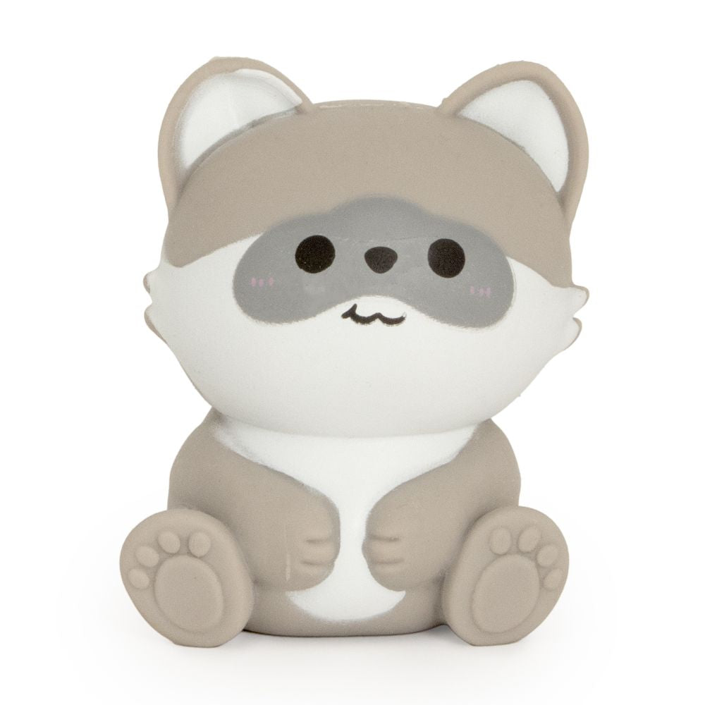 Grey and white raccoon kawaii squishy fidget toy, cute sensory squeeze toy for anxiety relief