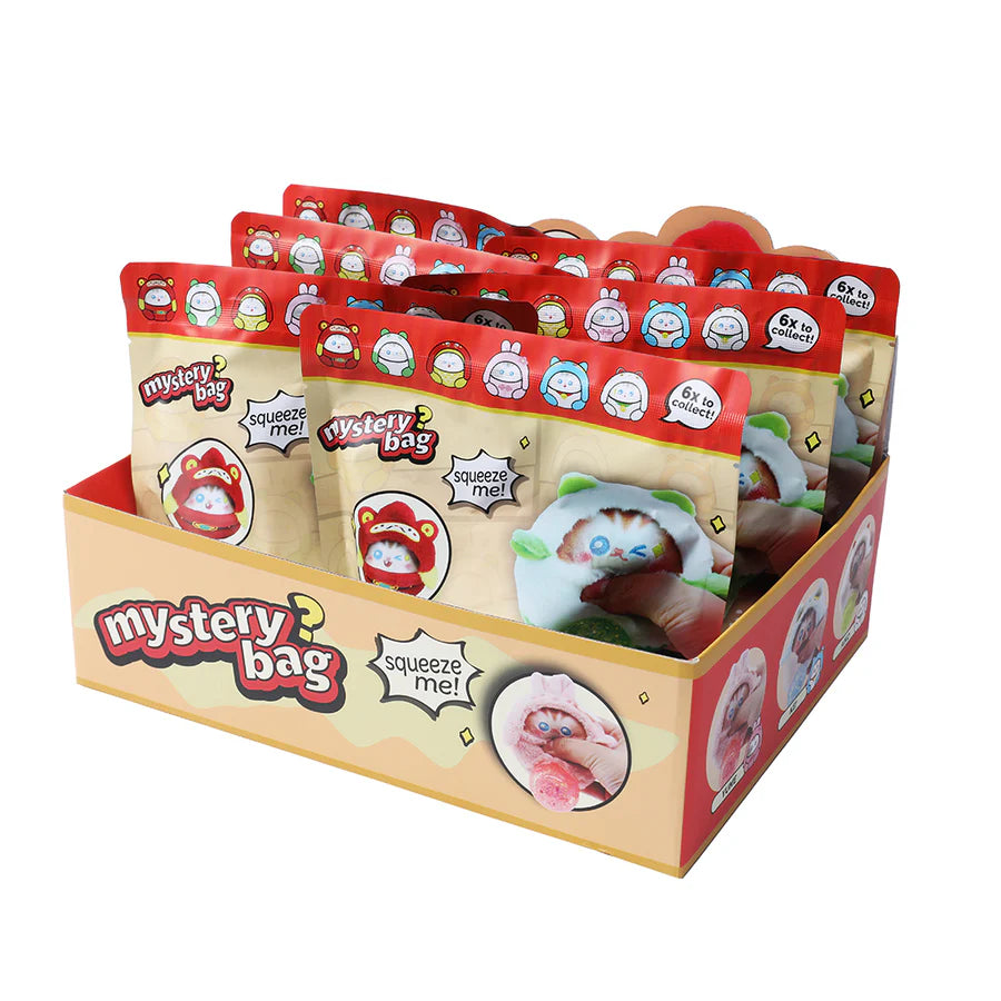 Kenji Koi Cosy Cats squishy ball mystery bags shown in retail display box, 6 to collect, squeeze me packaging
