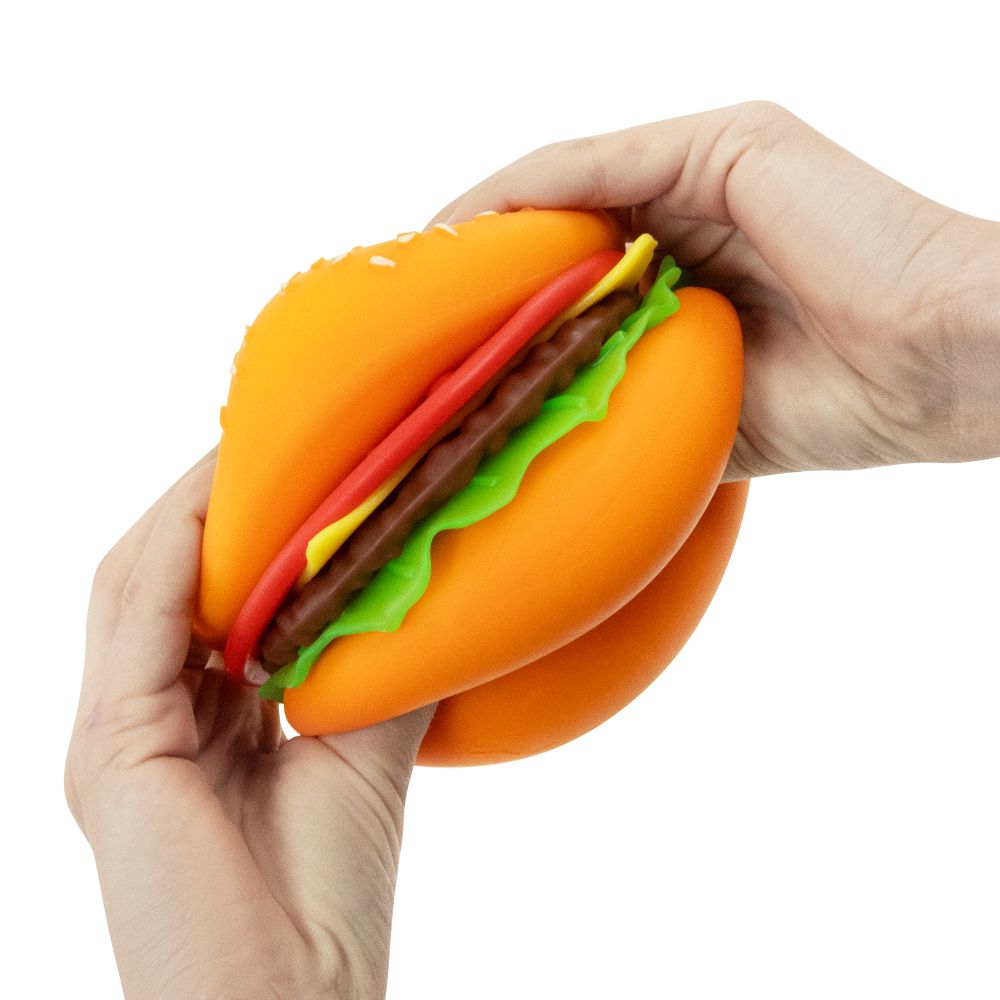 Fully assembled Keycraft Big Squij Peel 'N Stack Burger squishy toy on a white background