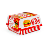 Keycraft Big Squij Peel 'N Stack Burger packaging box in red and white burger box styling
