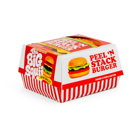 Keycraft Big Squij Peel 'N Stack Burger packaging box in red and white burger box styling