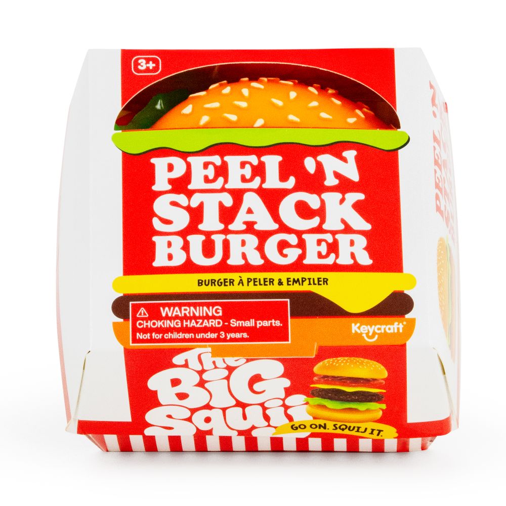 Front view of Keycraft Big Squij Peel 'N Stack Burger packaging box showing the product illustration and choking hazard warning