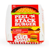 Front view of Keycraft Big Squij Peel 'N Stack Burger packaging box showing the product illustration and choking hazard warning