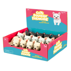 Keycraft Cute Squidgy Frenchie French Bulldog squishy toys shown in retail display box in assorted cream, white and black colours, ages 3 plus