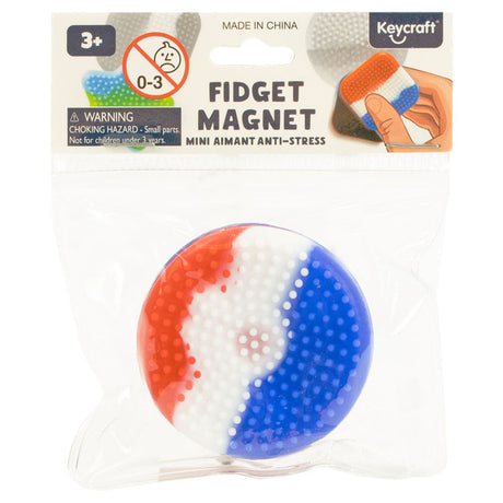 Keycraft round fidget magnet sensory toy, red white blue textured surface, in packaging