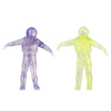 Purple and green glittery translucent stretchy spaceman fidget toys side by side, both standing upright
