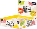 Keycraft Glitter Spinner display box showing assorted flower shaped glitter fidget spinner sensory toys spin it endlessly