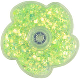 Close-up of green Keycraft Glitter Spinner showing holographic glitter liquid inside flower shaped fidget spinner