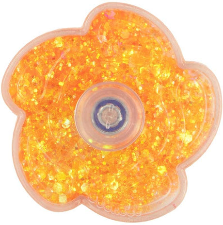 Close-up of orange Keycraft Glitter Spinner showing gold glitter liquid inside flower shaped fidget spinner