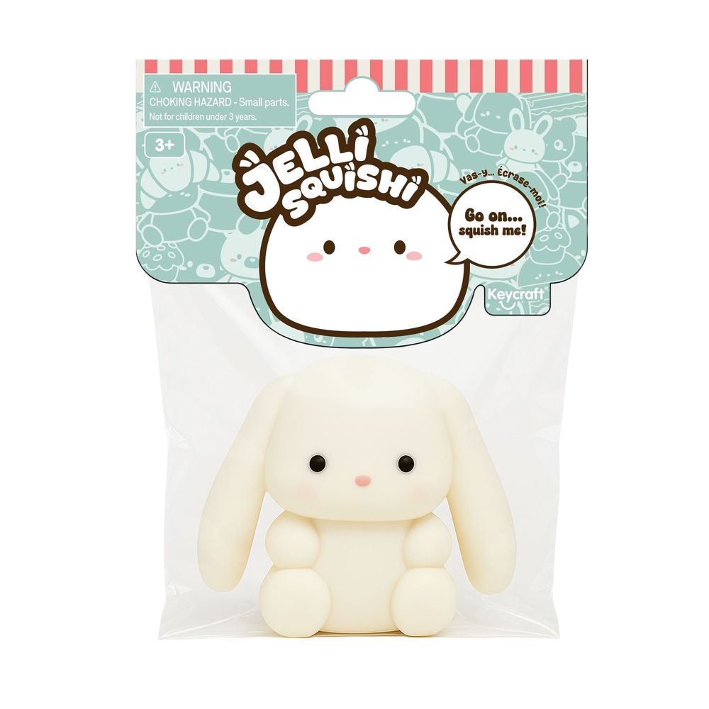 Cream floppy-eared bunny Jelli Squishi squishy toy in Keycraft polybag packaging