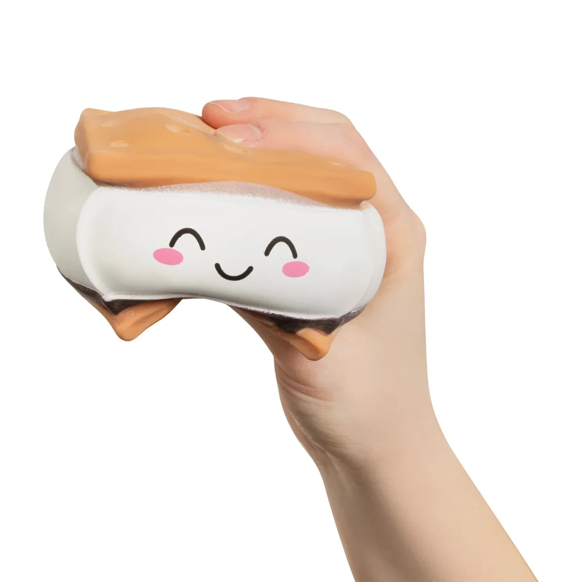 Hand squeezing Keycraft classic white marshmallow Squeeze S'mores slow-rise squishy toy
