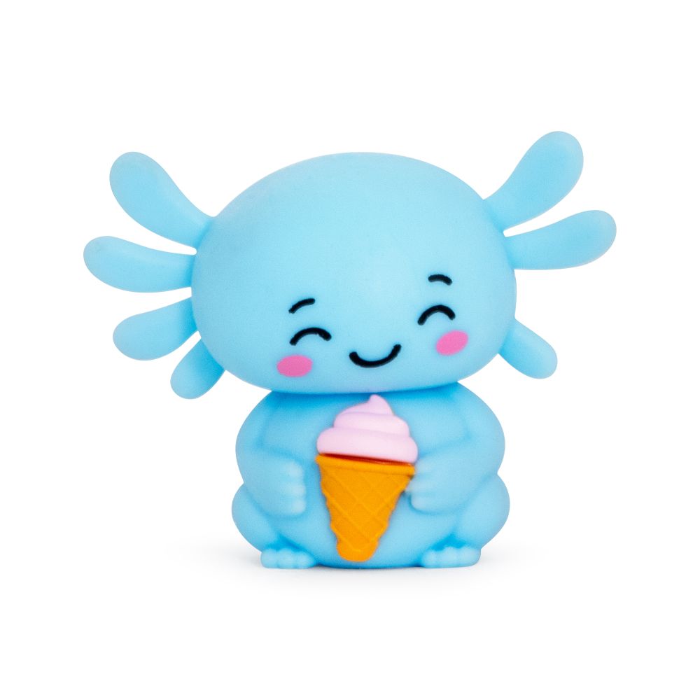 Blue Squish Sweetolotl axolotl squishy fidget toy smiling and holding an ice cream cone