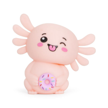 Peach Squish Sweetolotl axolotl squishy fidget toy winking and holding a sprinkle doughnut
