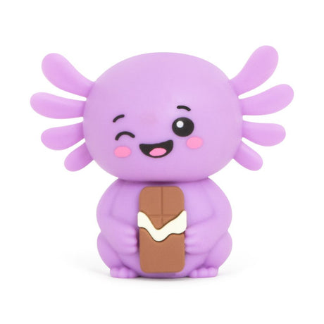 Purple Squish Sweetolotl axolotl squishy toy winking and holding a chocolate bar