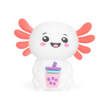 White Squish Sweetolotl axolotl squishy with coral gills holding a pink bubble tea