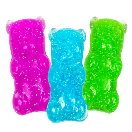 Pink, blue and green Keycraft Squishy Bear glitter gummy bear squishies side by side