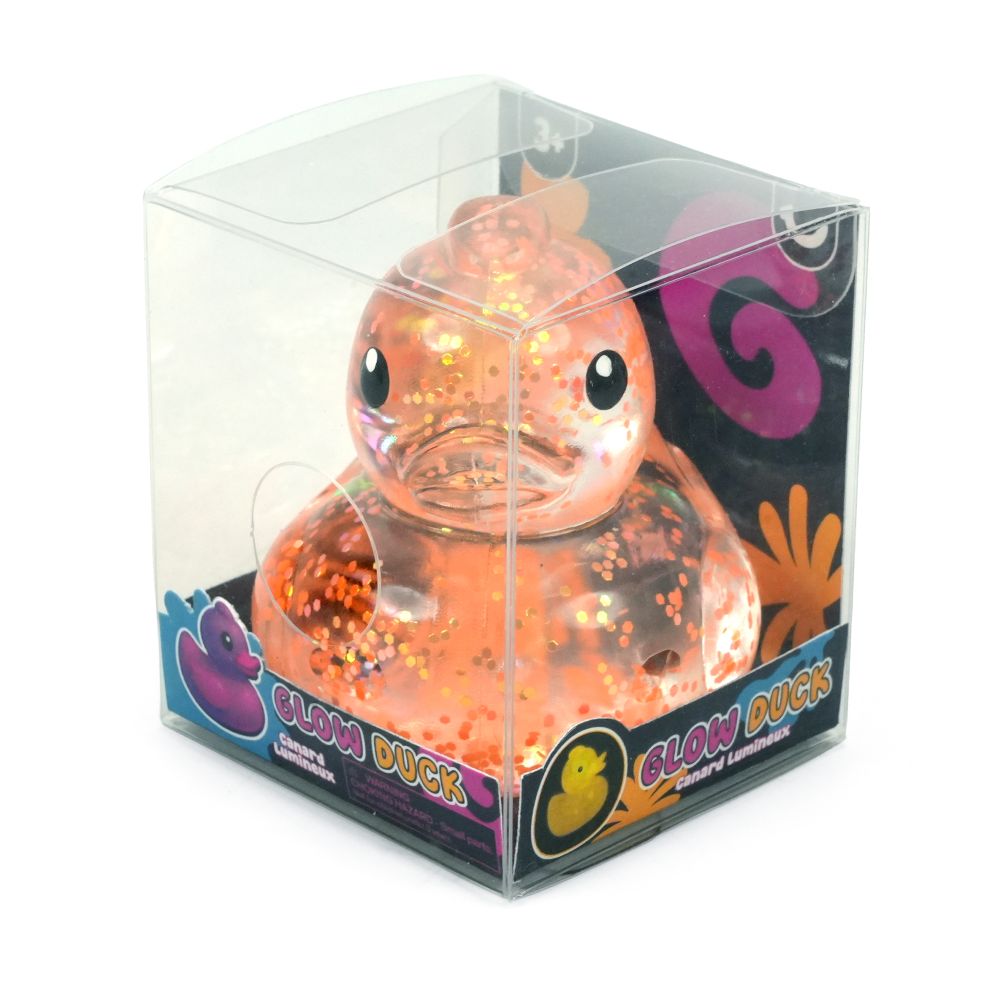 Glowing duck toy in a clear packaging box with colorful design