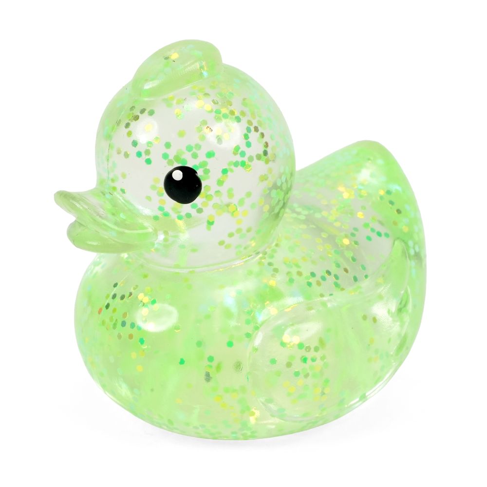 Green glitter Keycraft squishy duck, a clear stretchy duck fidget toy with shimmering flakes