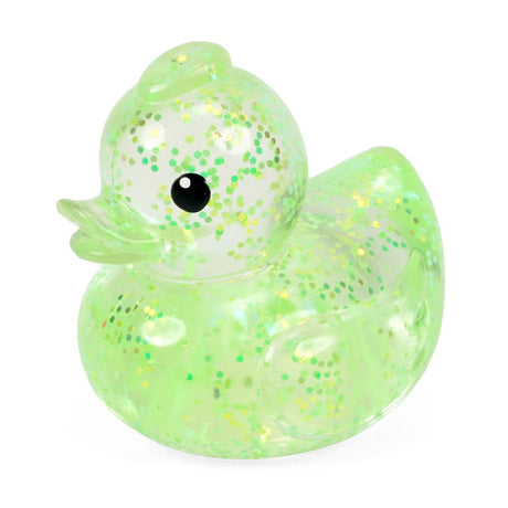 Green glitter Keycraft squishy duck, a clear stretchy duck fidget toy with shimmering flakes