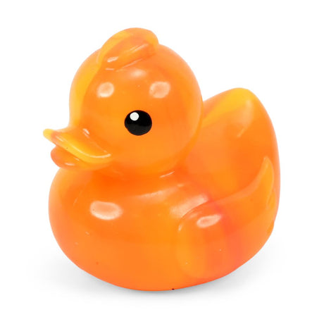 Orange marbled Keycraft squishy duck, a stretchy rubber duck sensory toy with yellow swirls