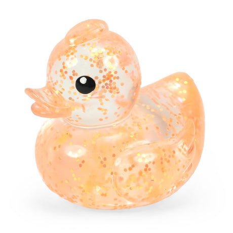 Peach glitter Keycraft squishy duck, a clear stretchy duck fidget toy with sparkly flakes