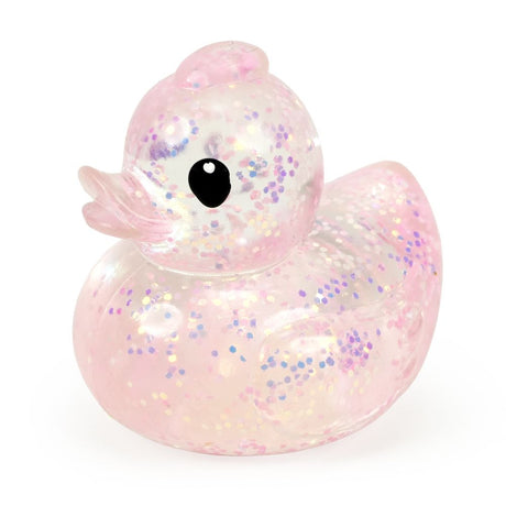 Pink glitter Keycraft squishy duck, a clear stretchy duck sensory toy with iridescent sparkles