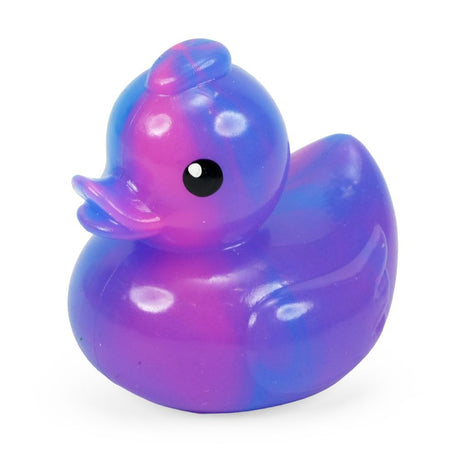 Purple marbled Keycraft squishy duck, a stretchy duck fidget toy with pink and blue swirls