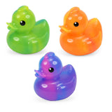 Green, orange and purple marbled Keycraft squishy ducks, stretchy rubber duck fidget toys