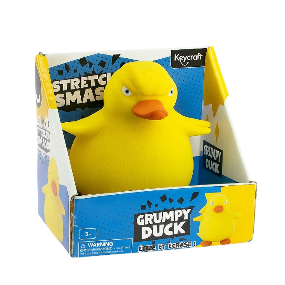 Keycraft Stretch N Smash Grumpy Duck sand-filled stretchy sensory fidget toy in display box packaging