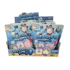 Display box of Koi Sea Life Squishy Ball mystery bags by Kenji, showing six collectible sea life character designs