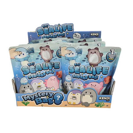 Display box of Koi Sea Life Squishy Ball mystery bags by Kenji, showing six collectible sea life character designs