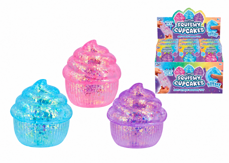 Pink, blue and purple glitter squishy cupcake sensory toys with iridescent flakes and display box