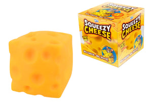 KTL Squeezy Cheese jumbo squishy toy shown beside its yellow Big Cheese Big Squeeze box