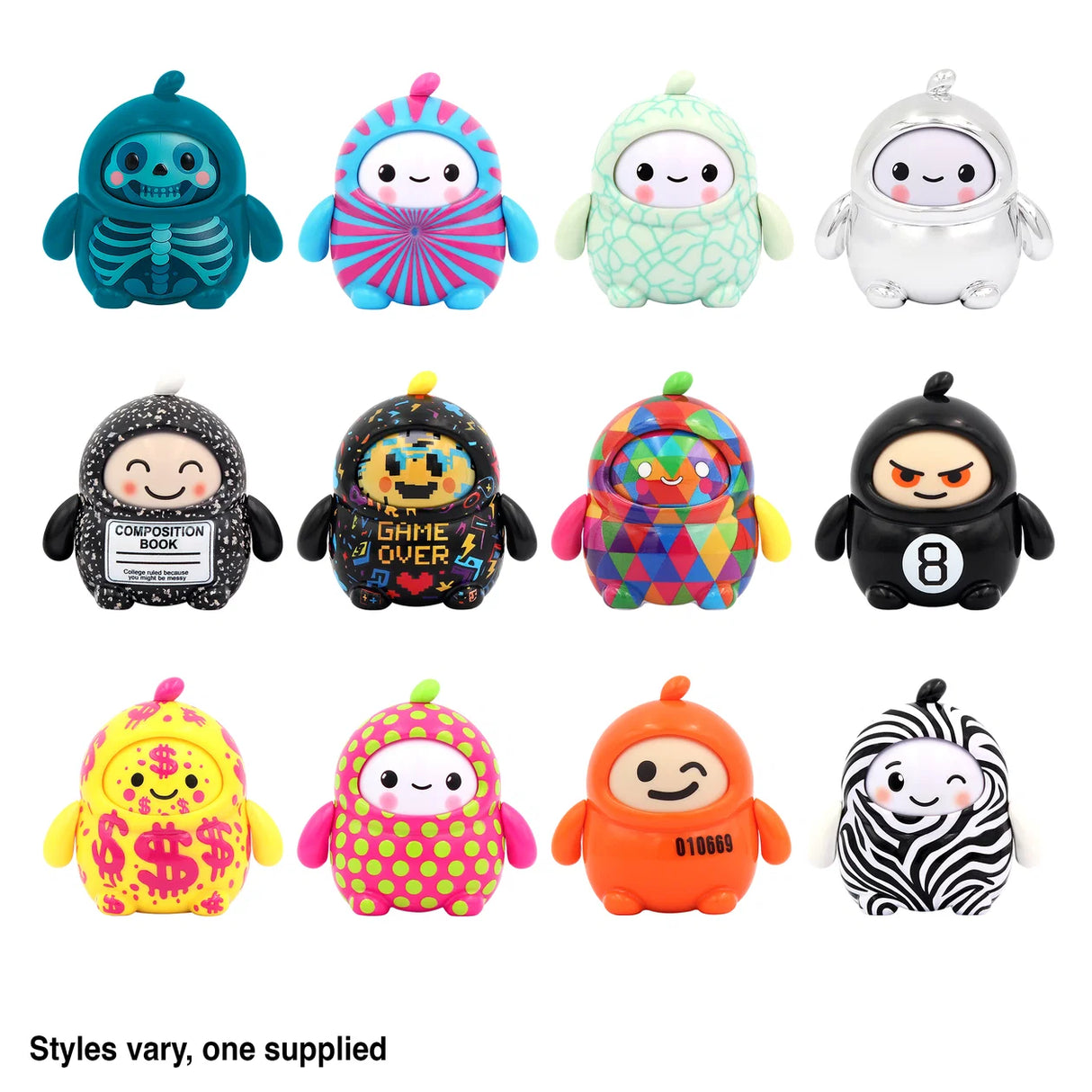 Grid of twelve collectible LamaTama fortune teller character designs including skeleton and dollar prints