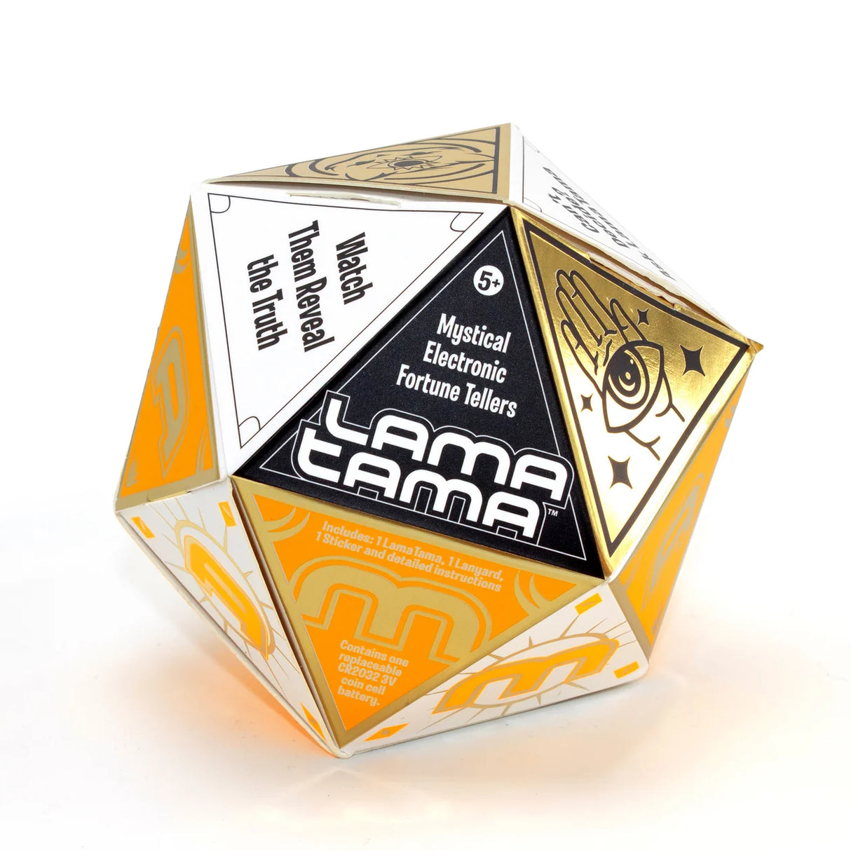 Hand holding rainbow tie-dye LamaTama electronic fortune teller beside its dice-shaped box