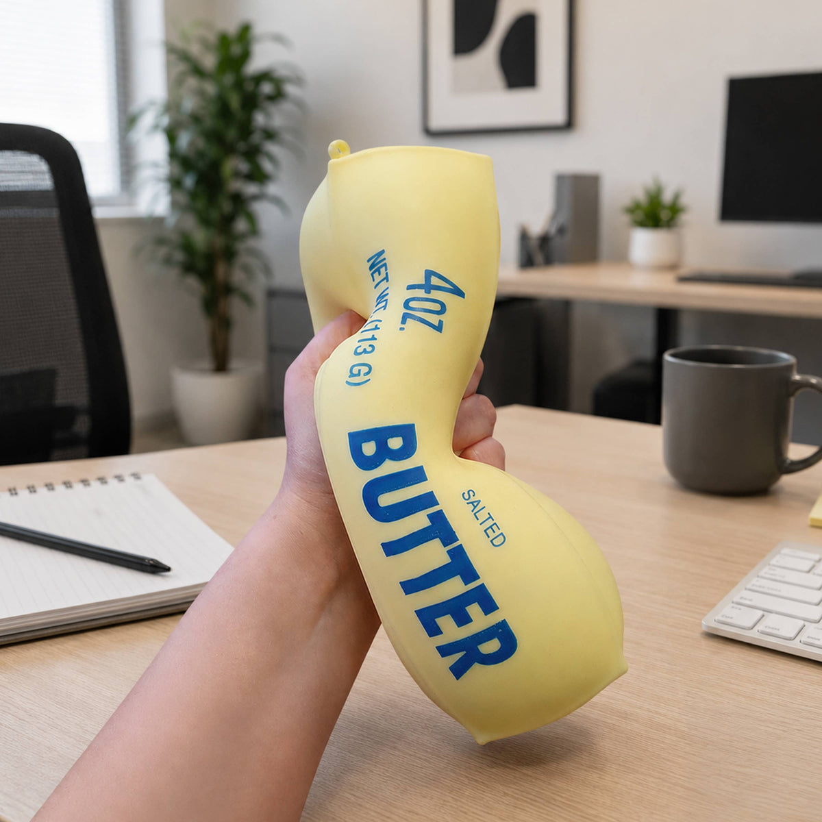 A hand holds a yellow novelty object shaped like a butter slice with blue text reading 'BUTTER' and 'SALTED'. The background shows a blurred office desk with a computer, mug, notebook, and plant.