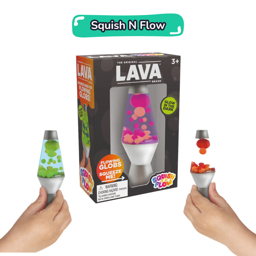 Lava Brand Squish N Flow sensory fidget toy in box with three colour variants held in hands