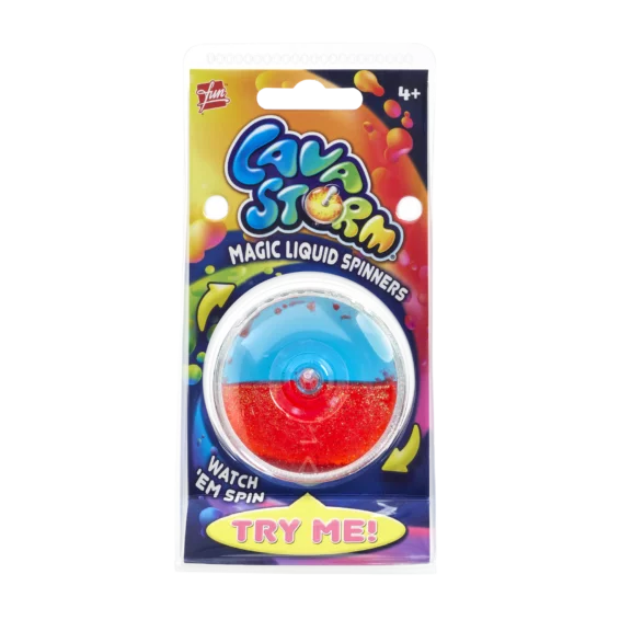 Lava Storm Magic Liquid Spinner in retail packaging, blue and red glitter colour variant