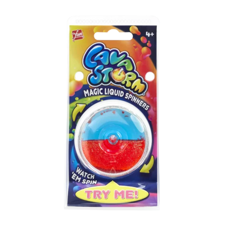 Lava Storm Magic Liquid Spinner in retail packaging, blue and red glitter colour variant