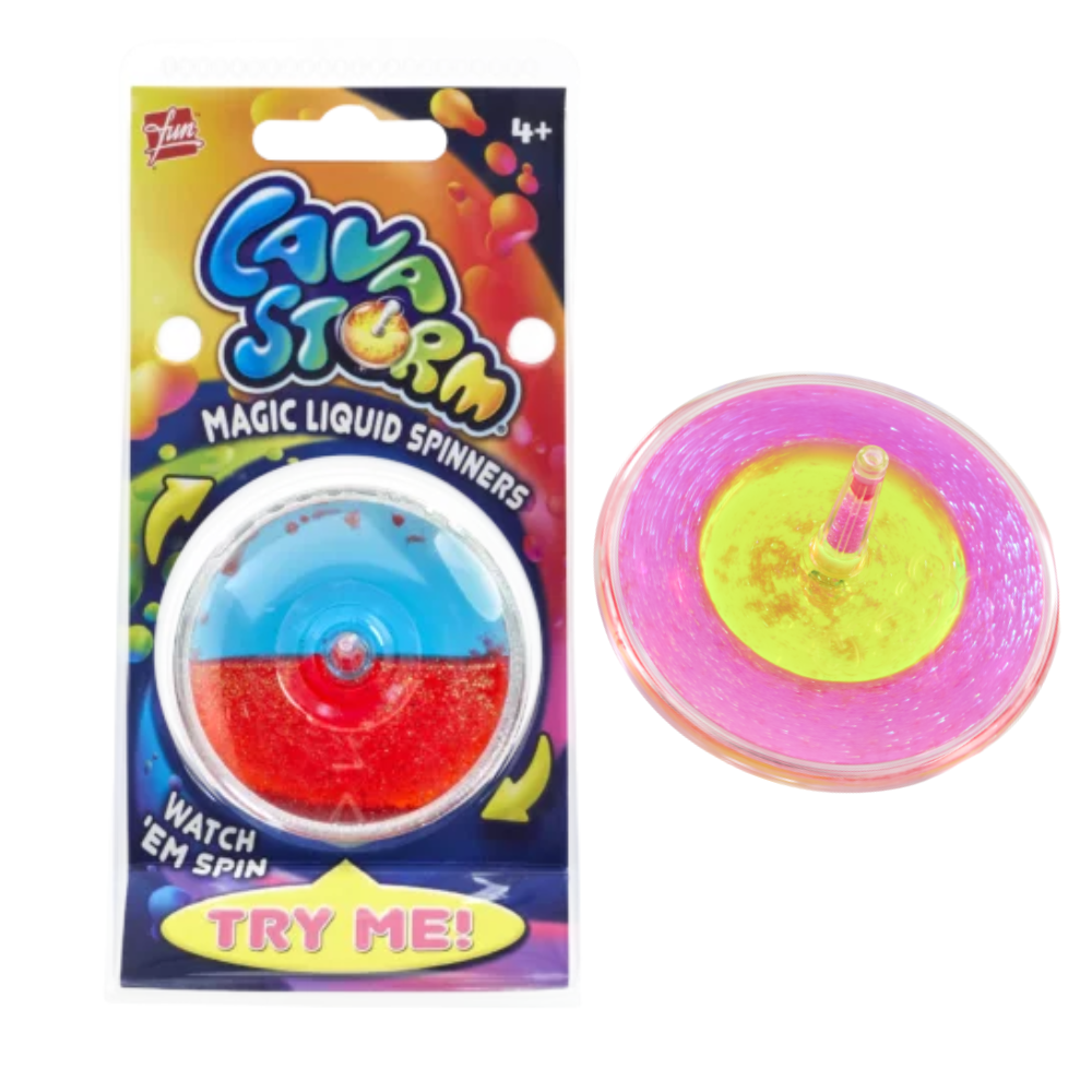 Lava Storm Magic Liquid Spinner in retail packaging alongside pink and yellow spinning top out of box