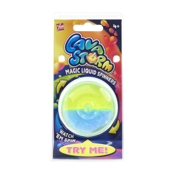 Lava Storm Magic Liquid Spinner in retail packaging, yellow and blue colour variant