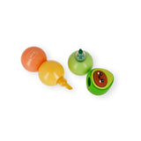 Four separated pieces of the Legami 3-in-1 avocado highlighter set showing chisel tips in orange, yellow and green